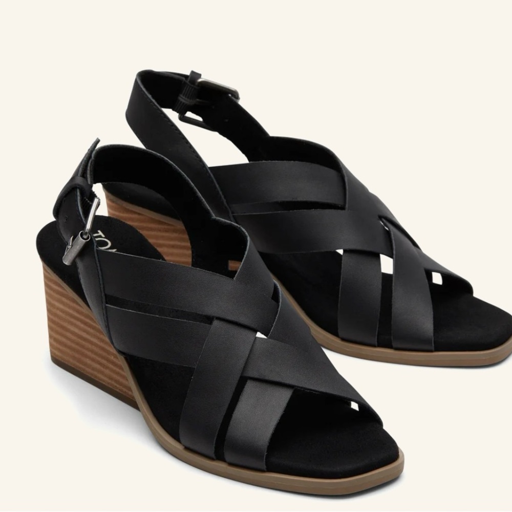 Toms Black Strappy Wedge Sandals